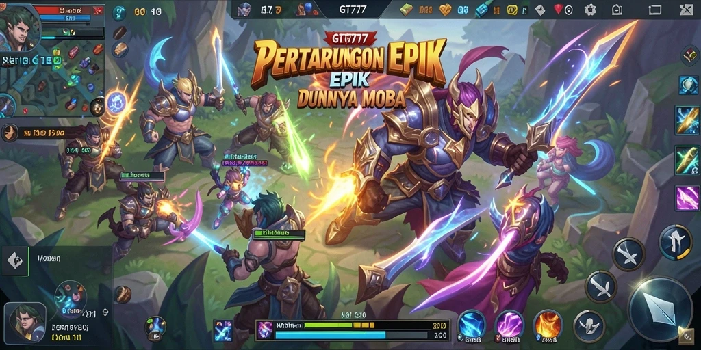 Menampilkan aksi pertempuran seru dalam game MOBA GT777.