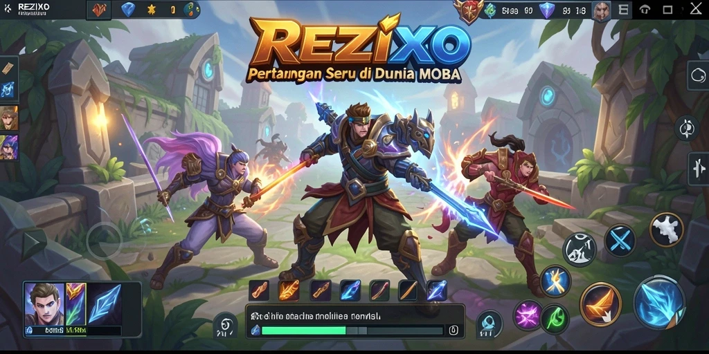Tampilan gameplay seru dalam REZIXO saat pertarungan intens.